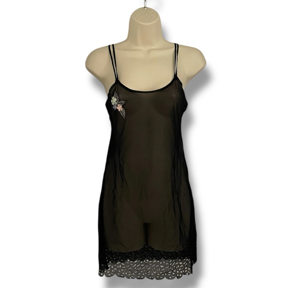 Sheer Black Mesh Slip Dress with Pastel Floral Embroidery Small